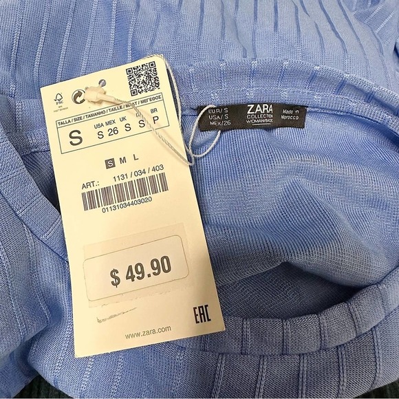 NWT Zara Collection Blue Black Ribbed Cinched Gathered Dress Size Small $49.90 - Picture 5 of 7